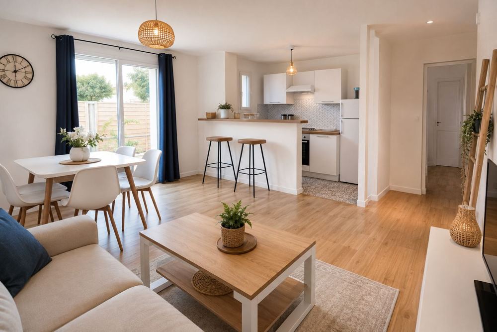 Intérieur chaleureux d'un logement, séjour et cuisine ouverte