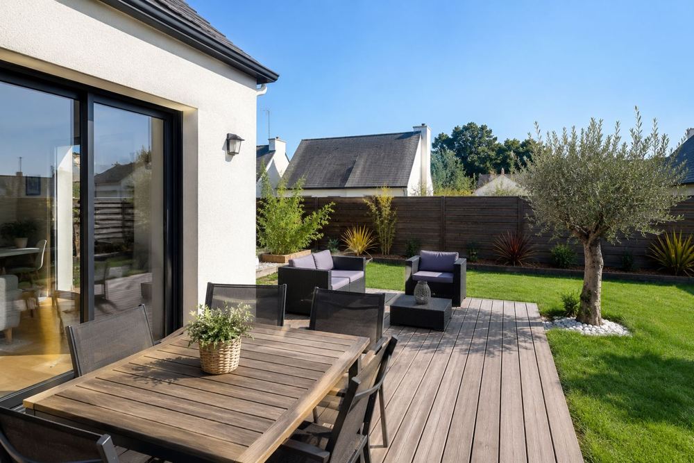 Terrasse extérieure aménagée avec salon de jardin